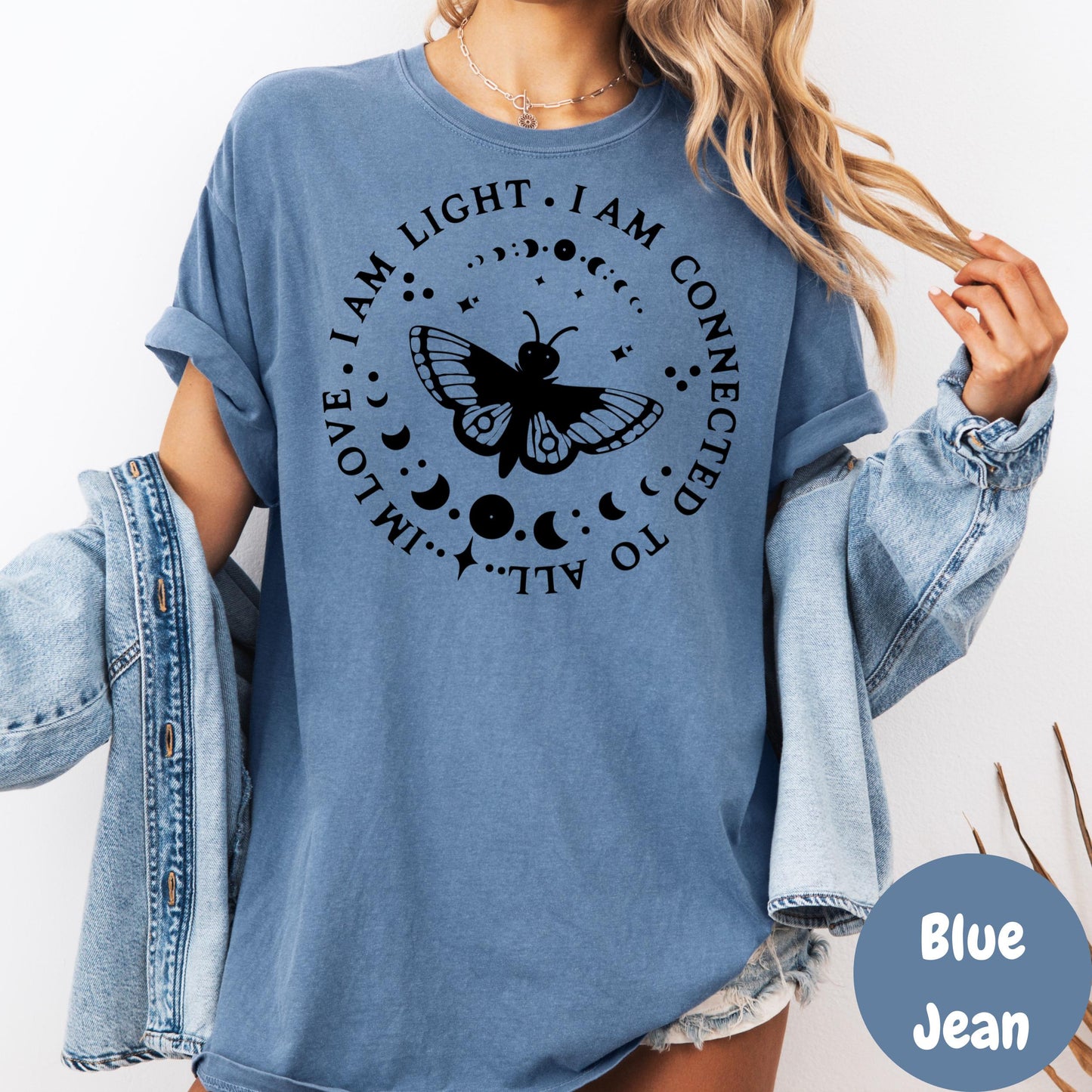 I Am Light I Am Love Shirt, Comfort Colors® Spiritual Affirmation Tee, Butterfly Moon Phases Shirt, Boho Manifestation Gift, Mindfulness Tee