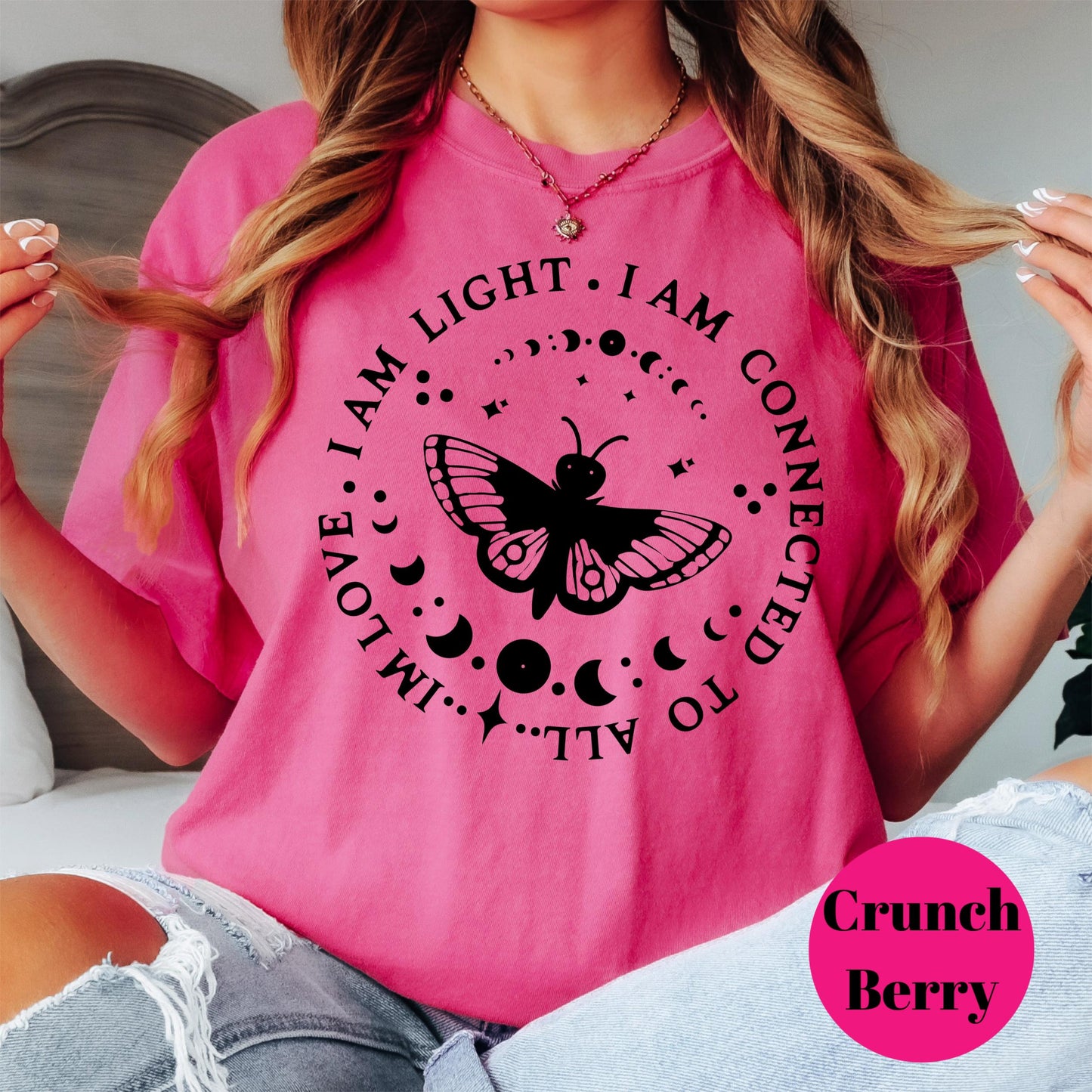 I Am Light I Am Love Shirt, Comfort Colors® Spiritual Affirmation Tee, Butterfly Moon Phases Shirt, Boho Manifestation Gift, Mindfulness Tee