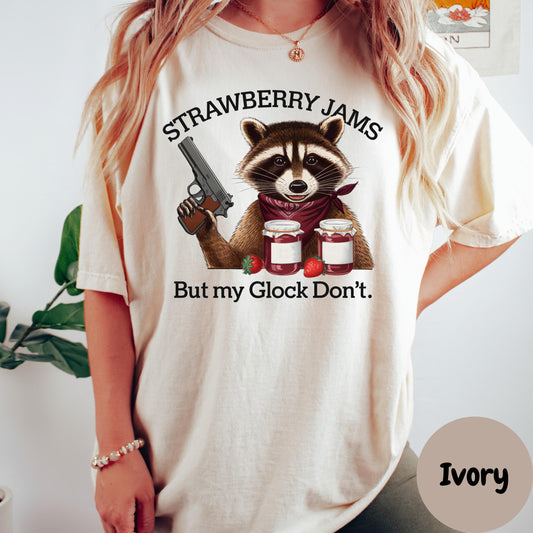 Strawberry Jams But My Glock Don’t Shirt, Comfort Colors® Funny Raccoon Tee, Animal Humor Shirt, Spicy Trash Panda Gift, Southern Sass Tee