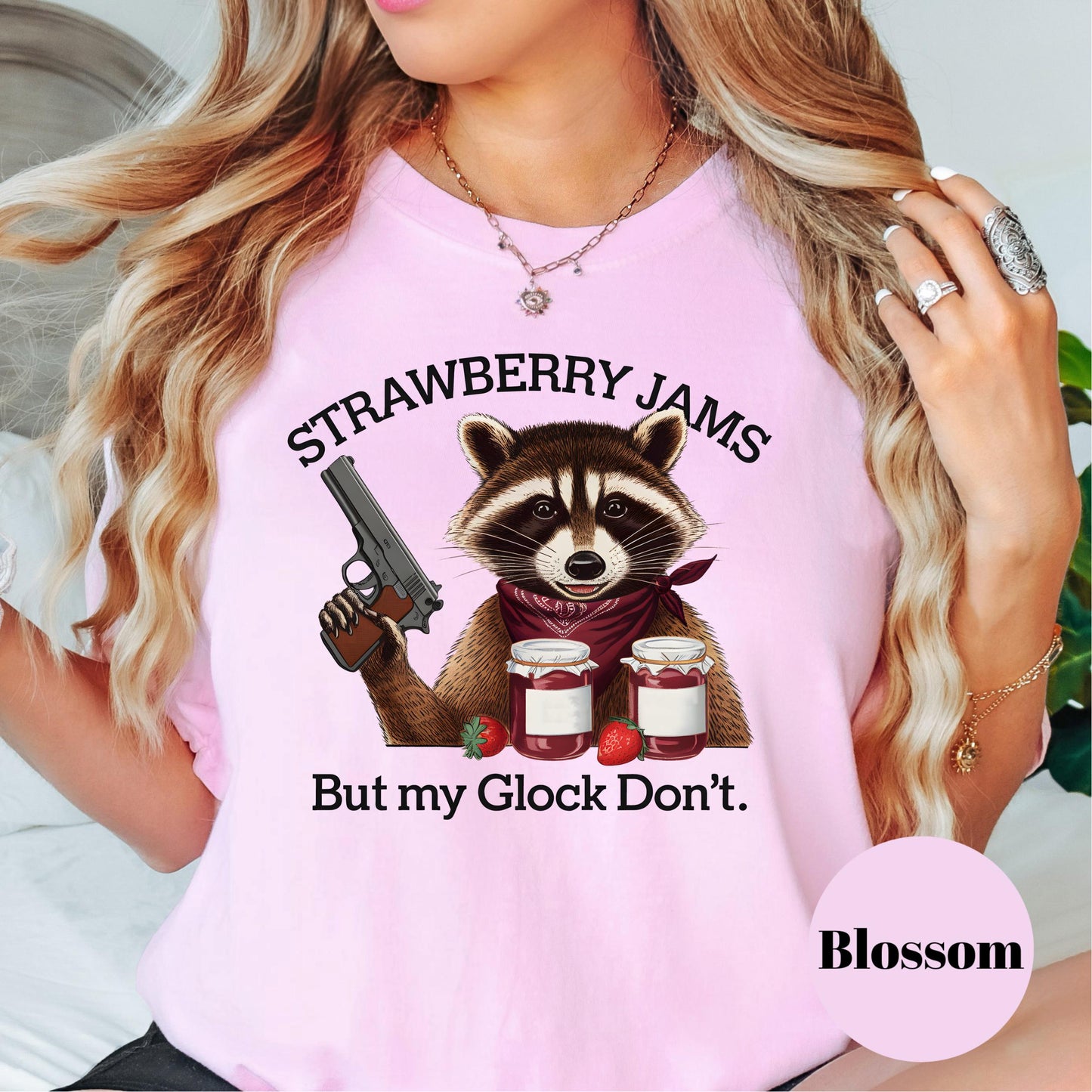 Strawberry Jams But My Glock Don’t Shirt, Comfort Colors® Funny Raccoon Tee, Animal Humor Shirt, Spicy Trash Panda Gift, Southern Sass Tee