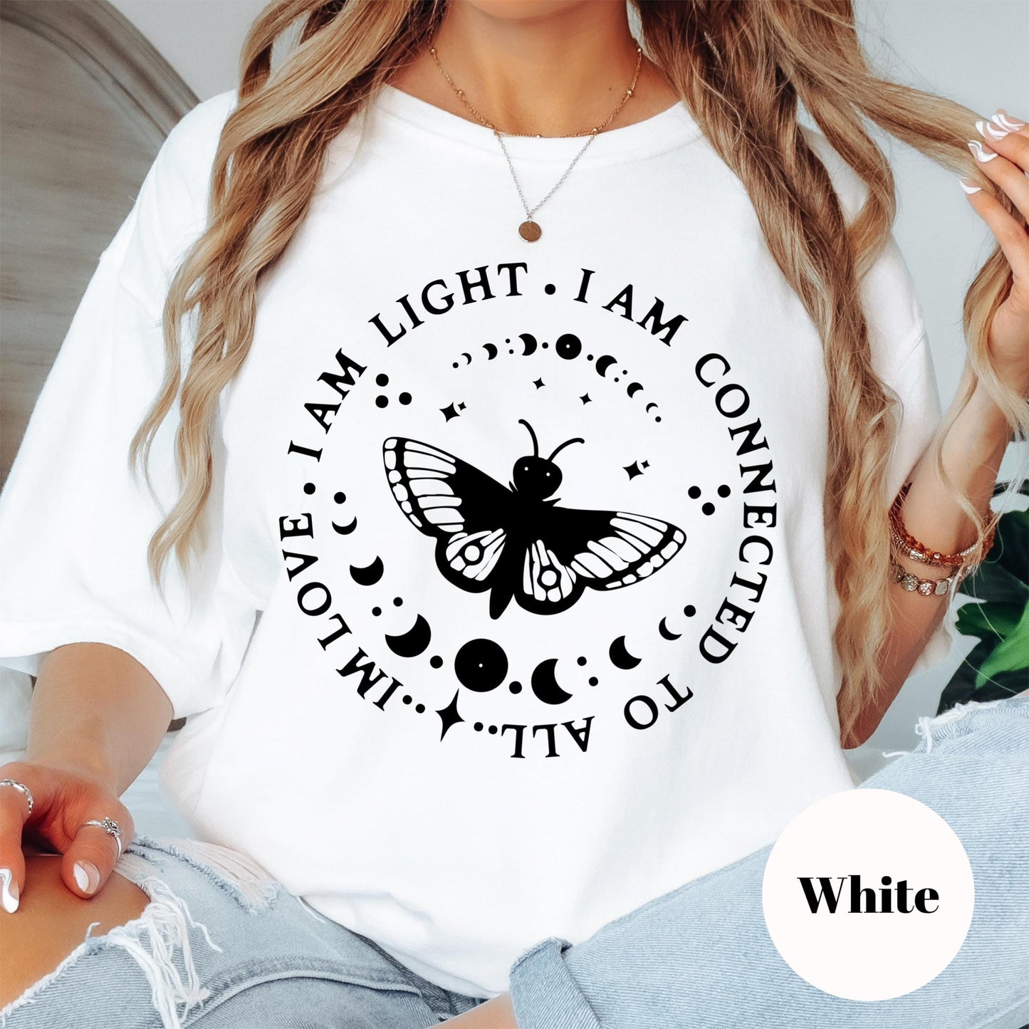 I Am Light I Am Love Shirt, Comfort Colors® Spiritual Affirmation Tee, Butterfly Moon Phases Shirt, Boho Manifestation Gift, Mindfulness Tee
