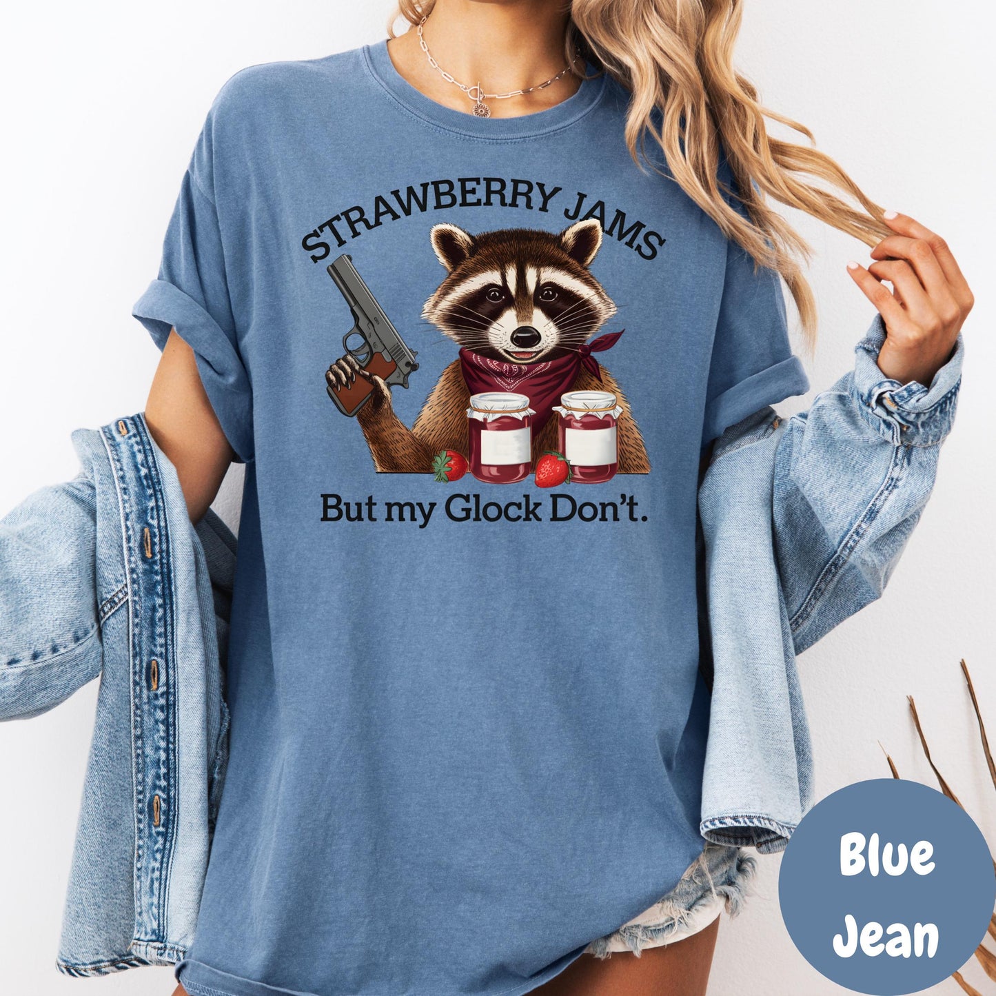 Strawberry Jams But My Glock Don’t Shirt, Comfort Colors® Funny Raccoon Tee, Animal Humor Shirt, Spicy Trash Panda Gift, Southern Sass Tee