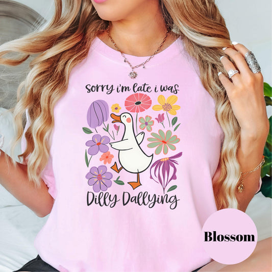 Dilly Dallying Goose Shirt, Comfort Colors® Sorry I'm Late Tee, Funny Duck Shirt, Cottagecore Garden Shirt, Whimsical Animal Shirt