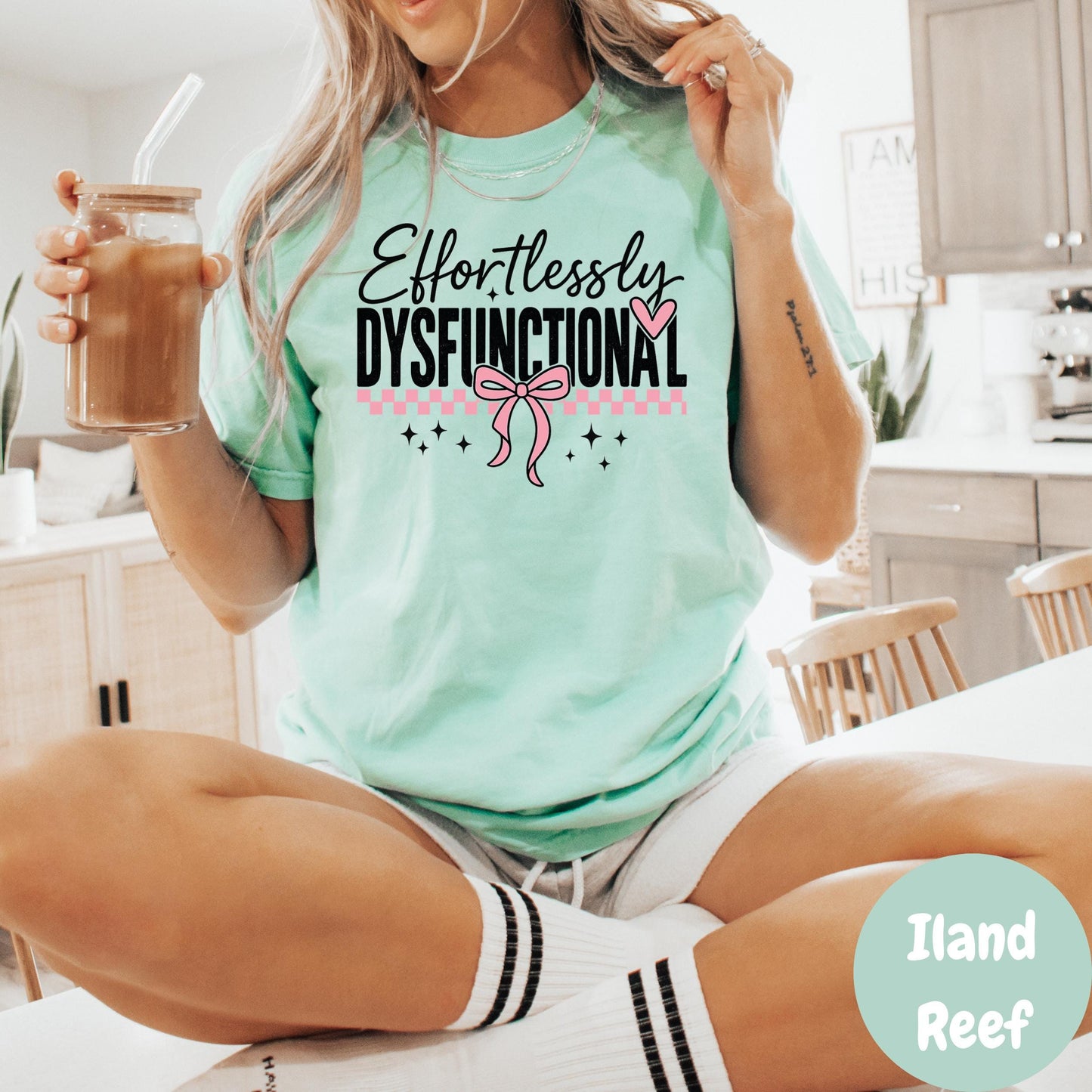Effortlessly Dysfunctional Shirt, Comfort Colors® Pink Tee with Bow and Heart, Funny Mental Health Shirt, Sassy Self-Aware Graphic Tee