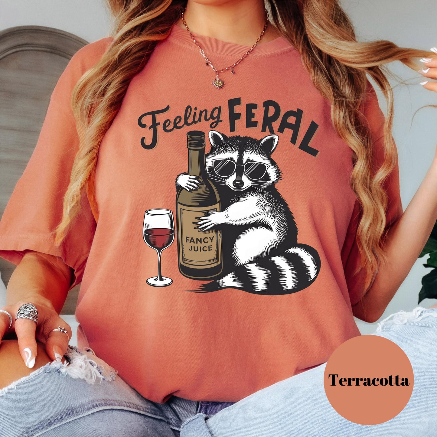 Feeling Feral Raccoon Shirt, Comfort Colors® Funny Wine Shirt, Fancy Juice Tee, Pink Graphic Shirt for Women, Wine Lover Gift