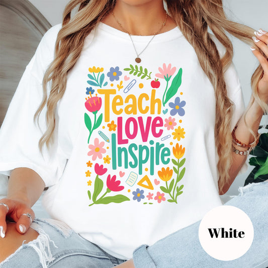 Teach Love Inspire Shirt, Colorful Teacher Comfort Colors® Tee, Floral Teacher Shirt, Back to School Gift, Elementary Teacher Shirt