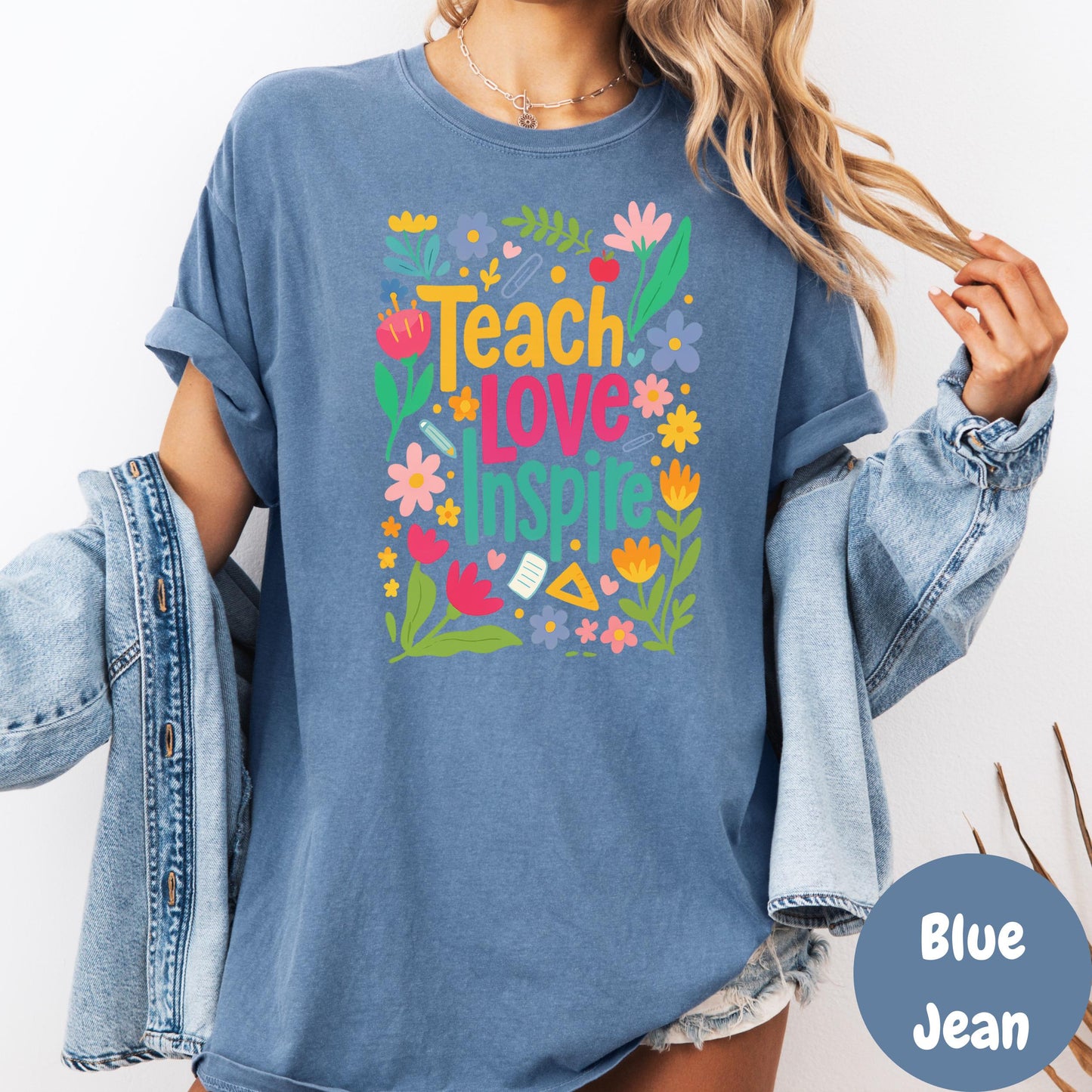 Teach Love Inspire Shirt, Colorful Teacher Comfort Colors® Tee, Floral Teacher Shirt, Back to School Gift, Elementary Teacher Shirt