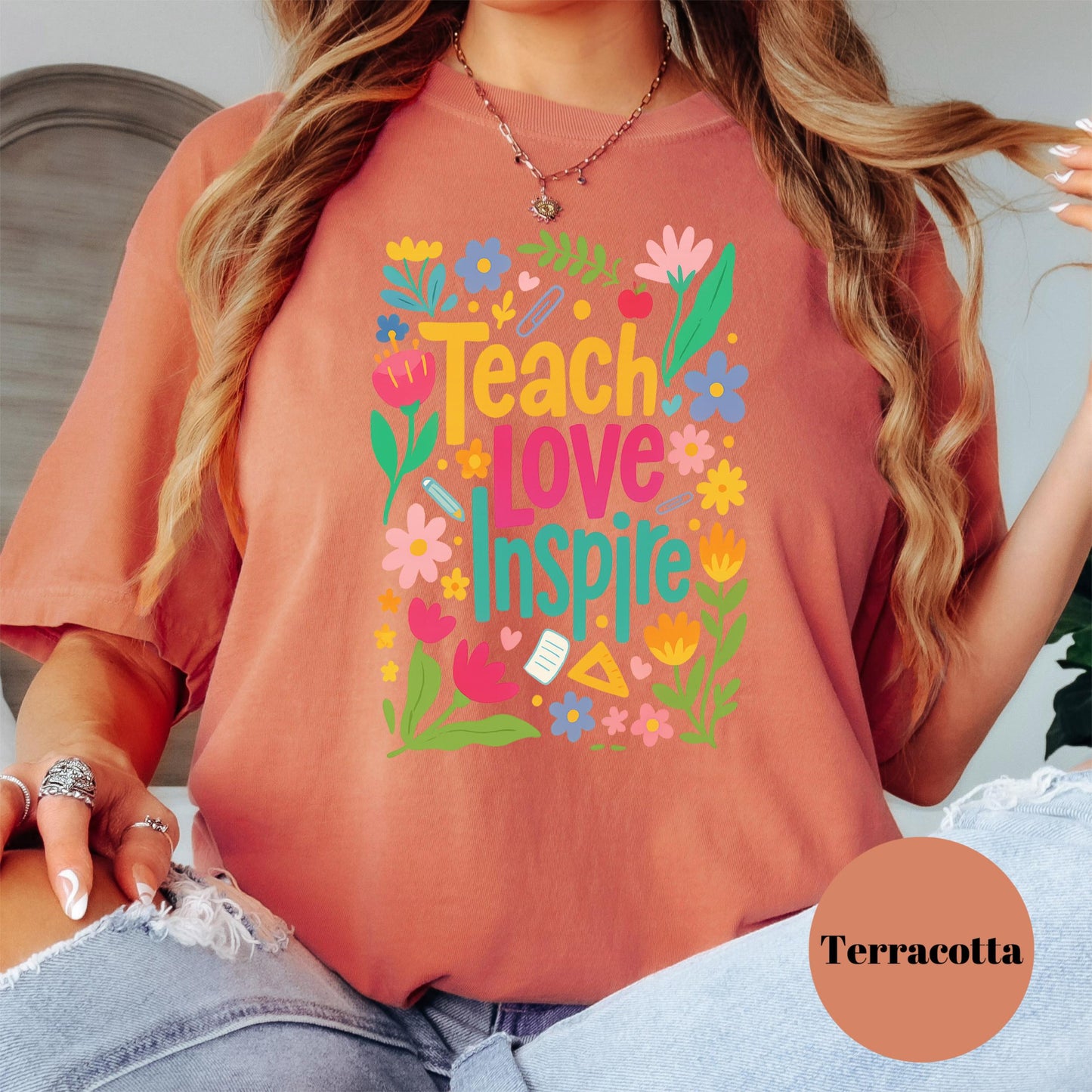 Teach Love Inspire Shirt, Colorful Teacher Comfort Colors® Tee, Floral Teacher Shirt, Back to School Gift, Elementary Teacher Shirt