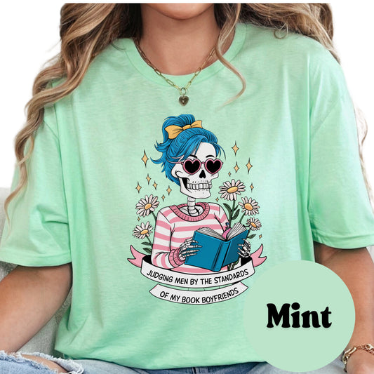 Judging Men by My Book Boyfriends Shirt – Funny Skeleton Reading Tee – Book Lover Gift – Romantic Reader Shirt – Spicy Bookish Shirt