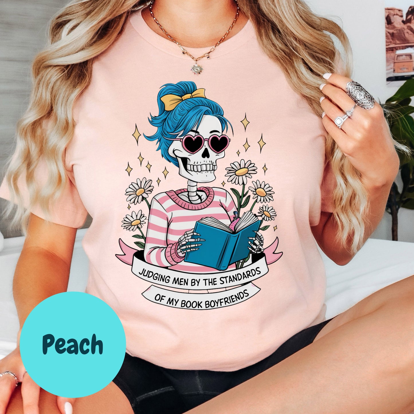 Judging Men by My Book Boyfriends Shirt – Funny Skeleton Reading Tee – Book Lover Gift – Romantic Reader Shirt – Spicy Bookish Shirt