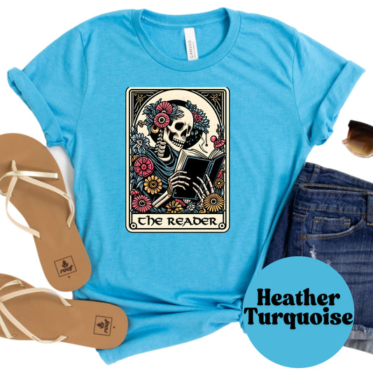 The Reader Skeleton Tarot Card Shirt – Gothic Bookish Tee – Dark Academia Book Shirt – Spooky Reader Shirt – Floral Skeleton Reading Shirt