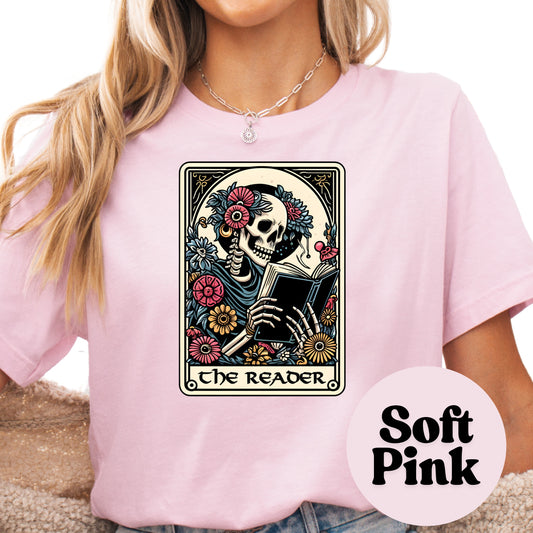 The Reader Skeleton Tarot Card Shirt – Gothic Bookish Tee – Dark Academia Book Shirt – Spooky Reader Shirt – Floral Skeleton Reading Shirt