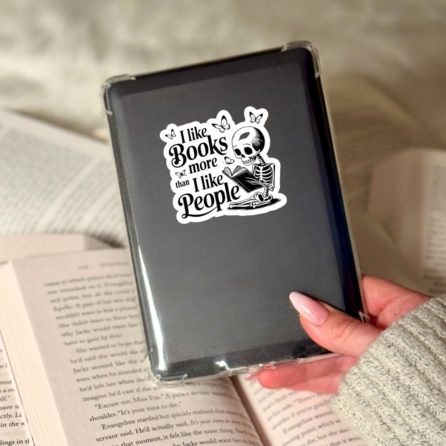 I Like Books More than People Funny Skeleton – 3" Waterproof Bookish Sticker with Holo Overlay – Reading, Books, Reader Gift, Book Lover