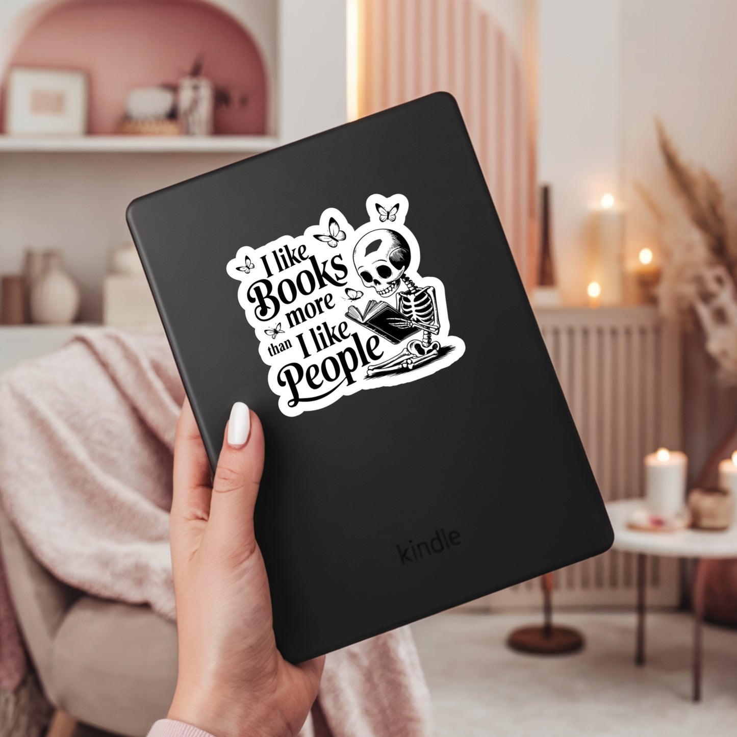 I Like Books More than People Funny Skeleton – 3" Waterproof Bookish Sticker with Holo Overlay – Reading, Books, Reader Gift, Book Lover