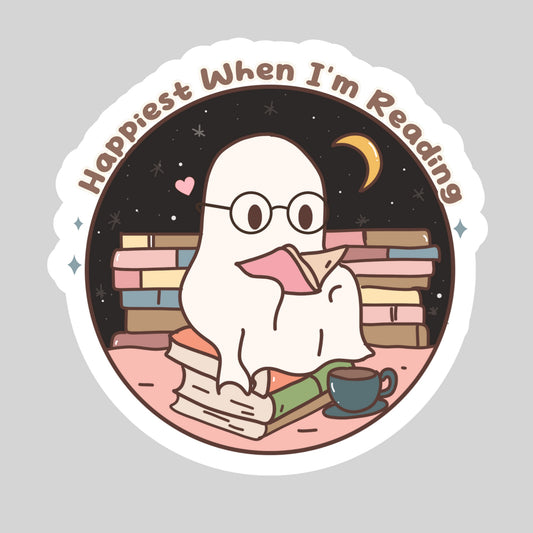 Happiest When I'm reading Ghost Reading Books – 3" Waterproof Bookish Sticker with Holo Overlay – Reading, Books, Reader Gift, Book Lover
