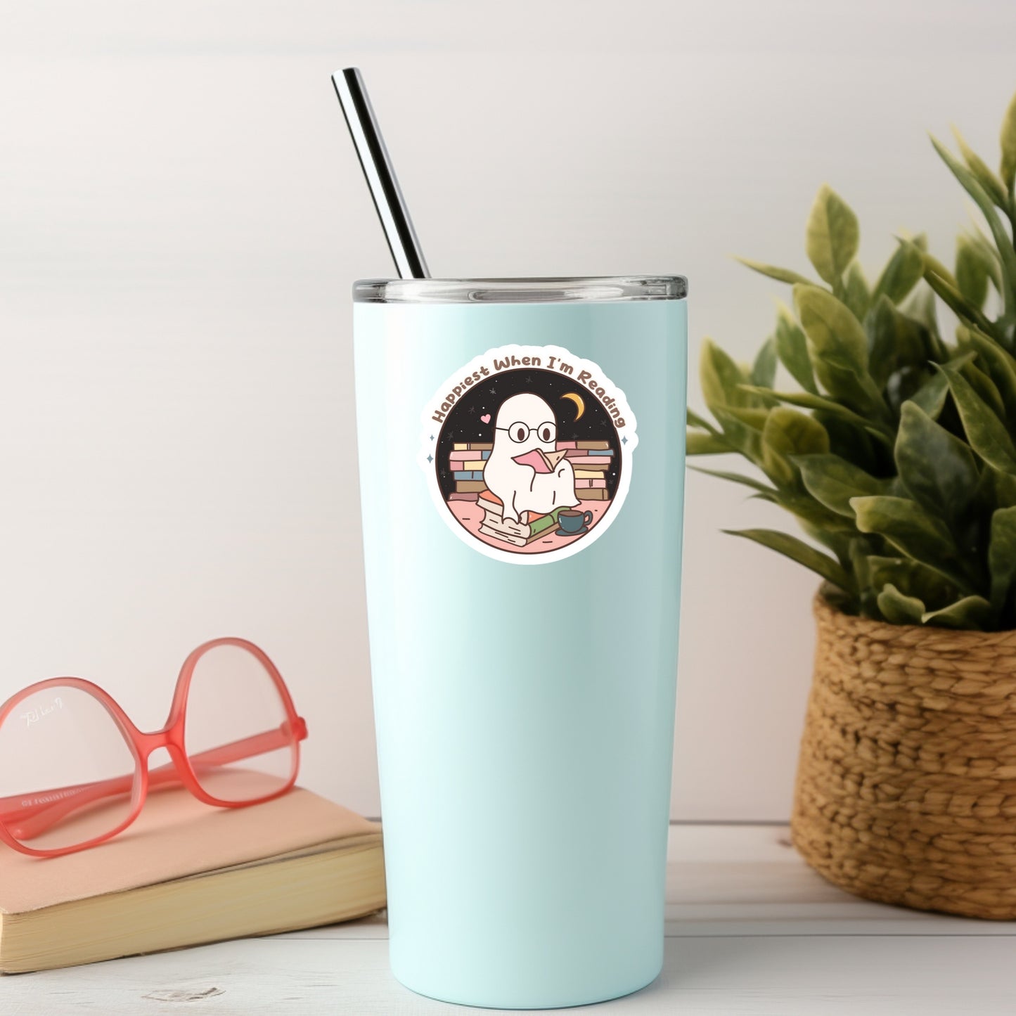 Happiest When I'm reading Ghost Reading Books – 3" Waterproof Bookish Sticker with Holo Overlay – Reading, Books, Reader Gift, Book Lover