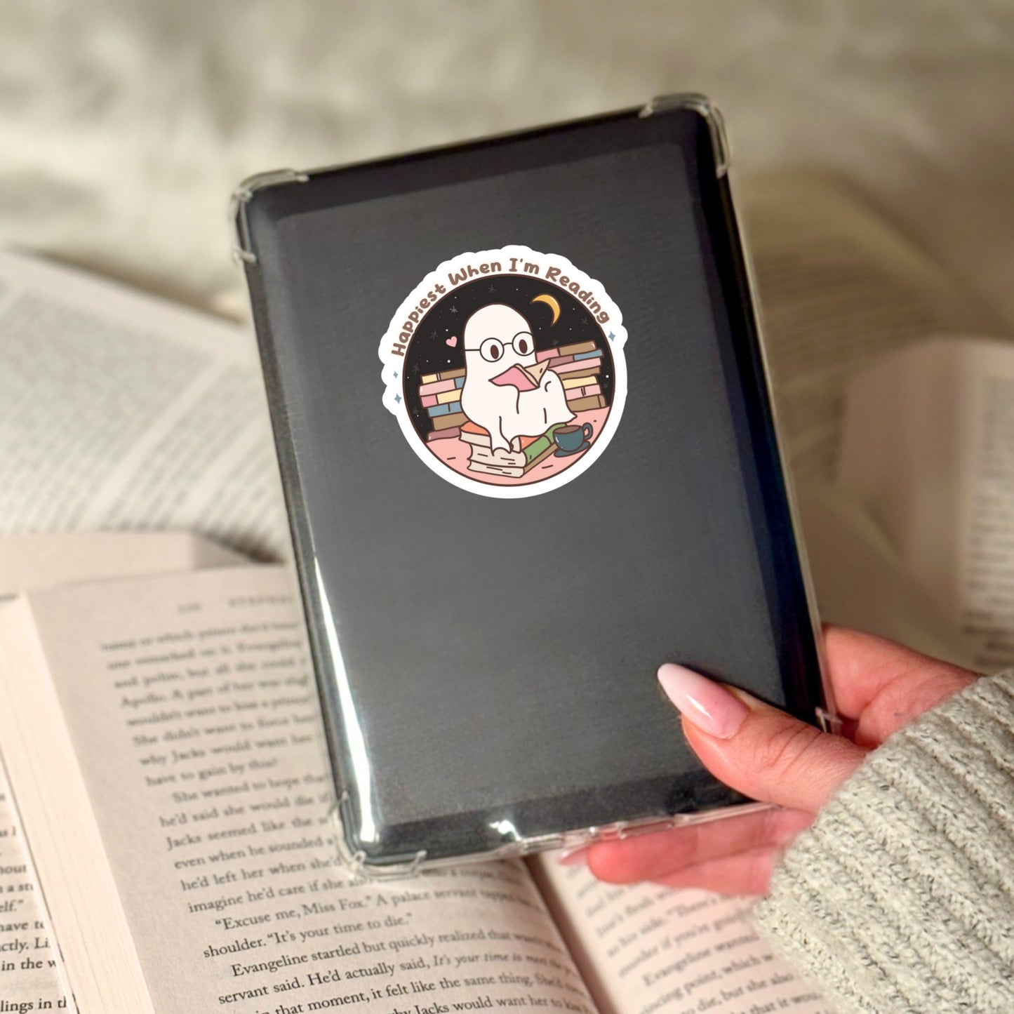 Happiest When I'm reading Ghost Reading Books – 3" Waterproof Bookish Sticker with Holo Overlay – Reading, Books, Reader Gift, Book Lover