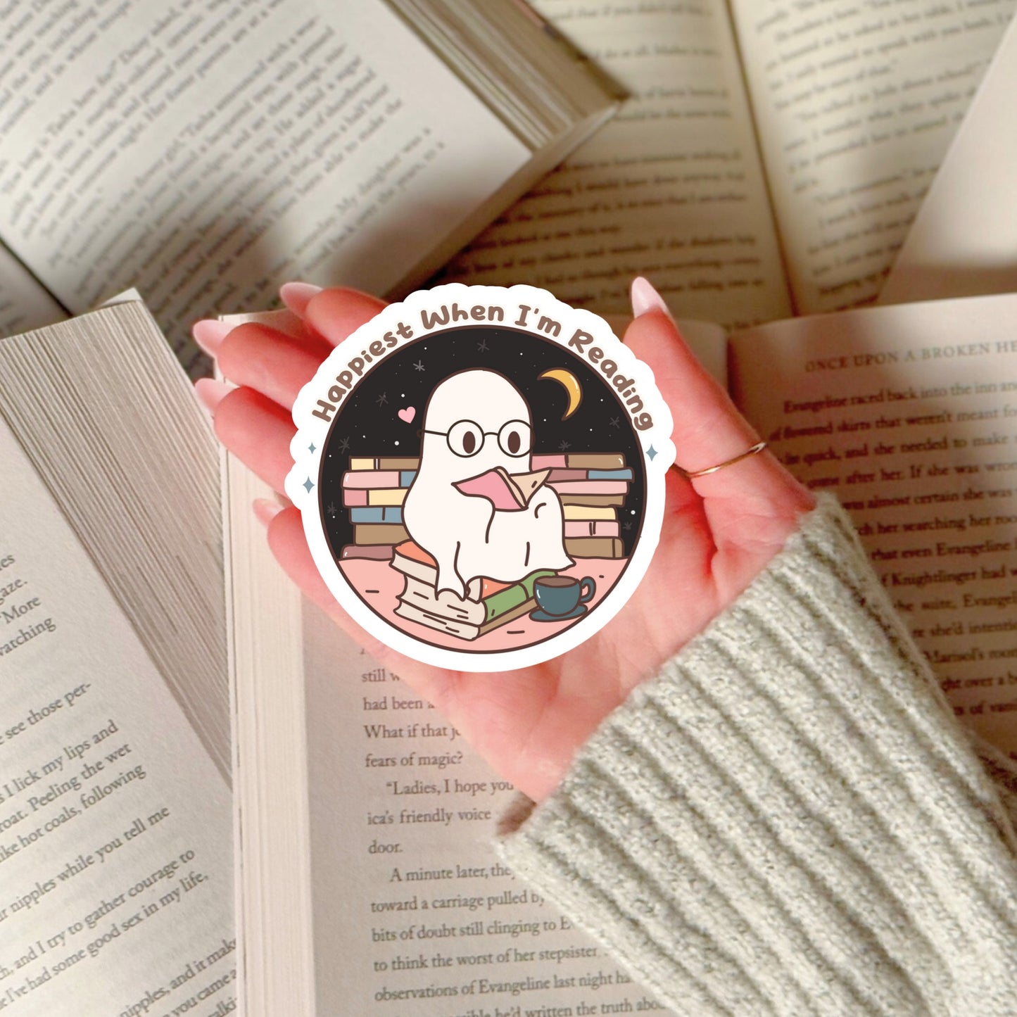 Happiest When I'm reading Ghost Reading Books – 3" Waterproof Bookish Sticker with Holo Overlay – Reading, Books, Reader Gift, Book Lover