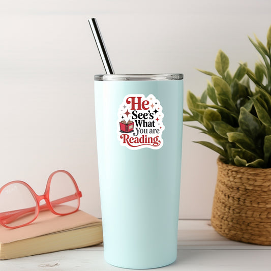 He Sees What You're Reading Santa Clause Christmas – 3" Waterproof Bookish Sticker with Holo Overlay – Reading, Books, Reader Gift, Book Lover