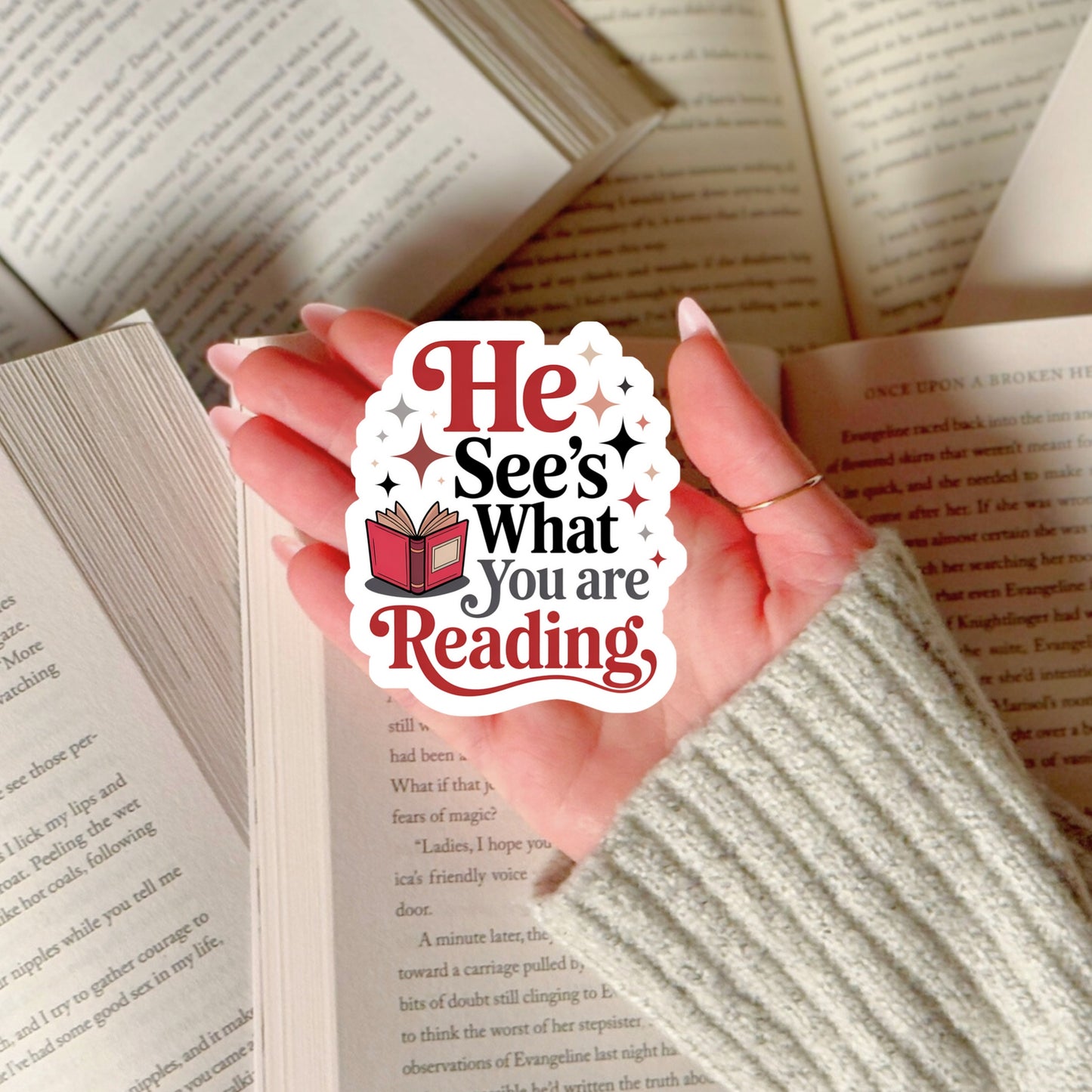 He Sees What You're Reading Santa Clause Christmas – 3" Waterproof Bookish Sticker with Holo Overlay – Reading, Books, Reader Gift, Book Lover