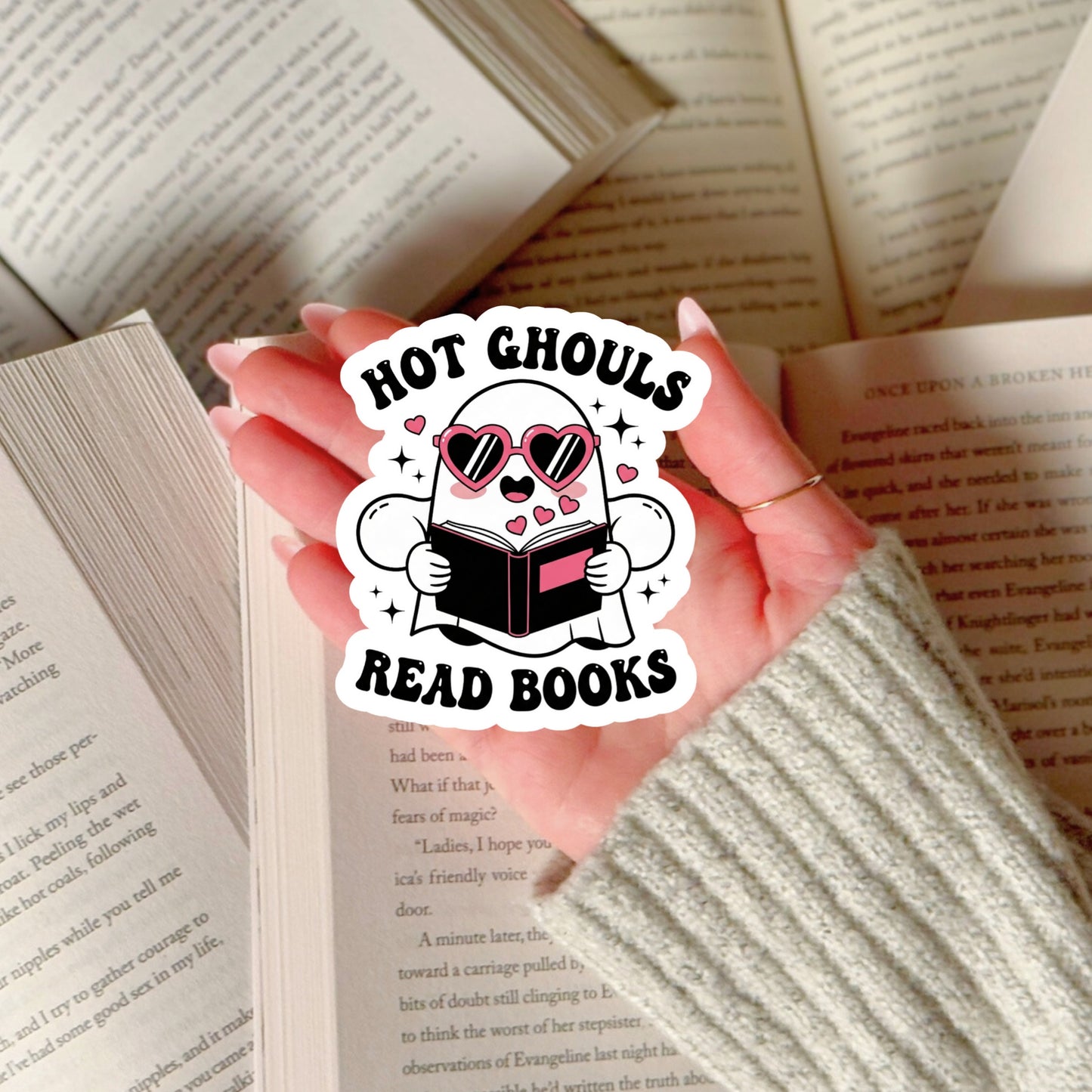 Hot Ghouls Read Books Halloween Ghost Reading – 3" Waterproof Bookish Sticker with Holo Overlay – Reading, Books, Reader Gift, Book Lover