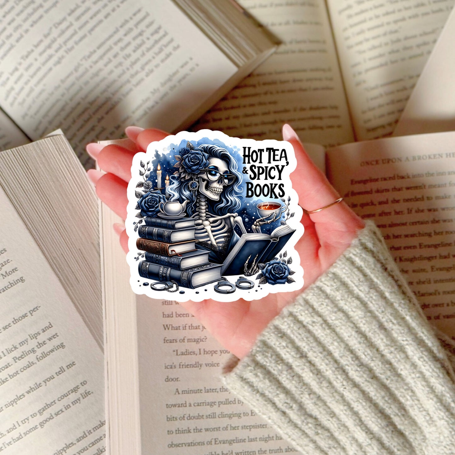 Hot Tea and Spicy Books – 3" Waterproof Bookish Sticker with Holo Overlay – Reading, Books, Reader Gift, Book Lover