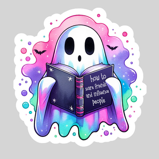 How To Scare Friends Funny Halloween Pink Ghost Reading  – 3" Waterproof Bookish Sticker with Holo Overlay – Reading, Books, Reader Gift, Book Lover