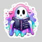 How To Scare Friends Funny Halloween Pink Ghost Reading  – 3" Waterproof Bookish Sticker with Holo Overlay – Reading, Books, Reader Gift, Book Lover