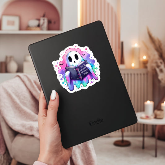 How To Scare Friends Funny Halloween Pink Ghost Reading – 3" Waterproof Bookish Sticker with Holo Overlay – Reading, Books, Reader Gift, Book Lover