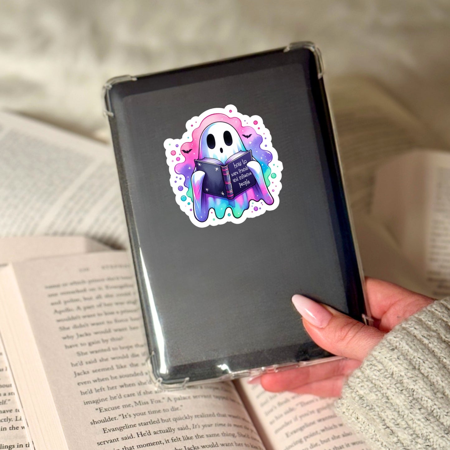 How To Scare Friends Funny Halloween Pink Ghost Reading  – 3" Waterproof Bookish Sticker with Holo Overlay – Reading, Books, Reader Gift, Book Lover