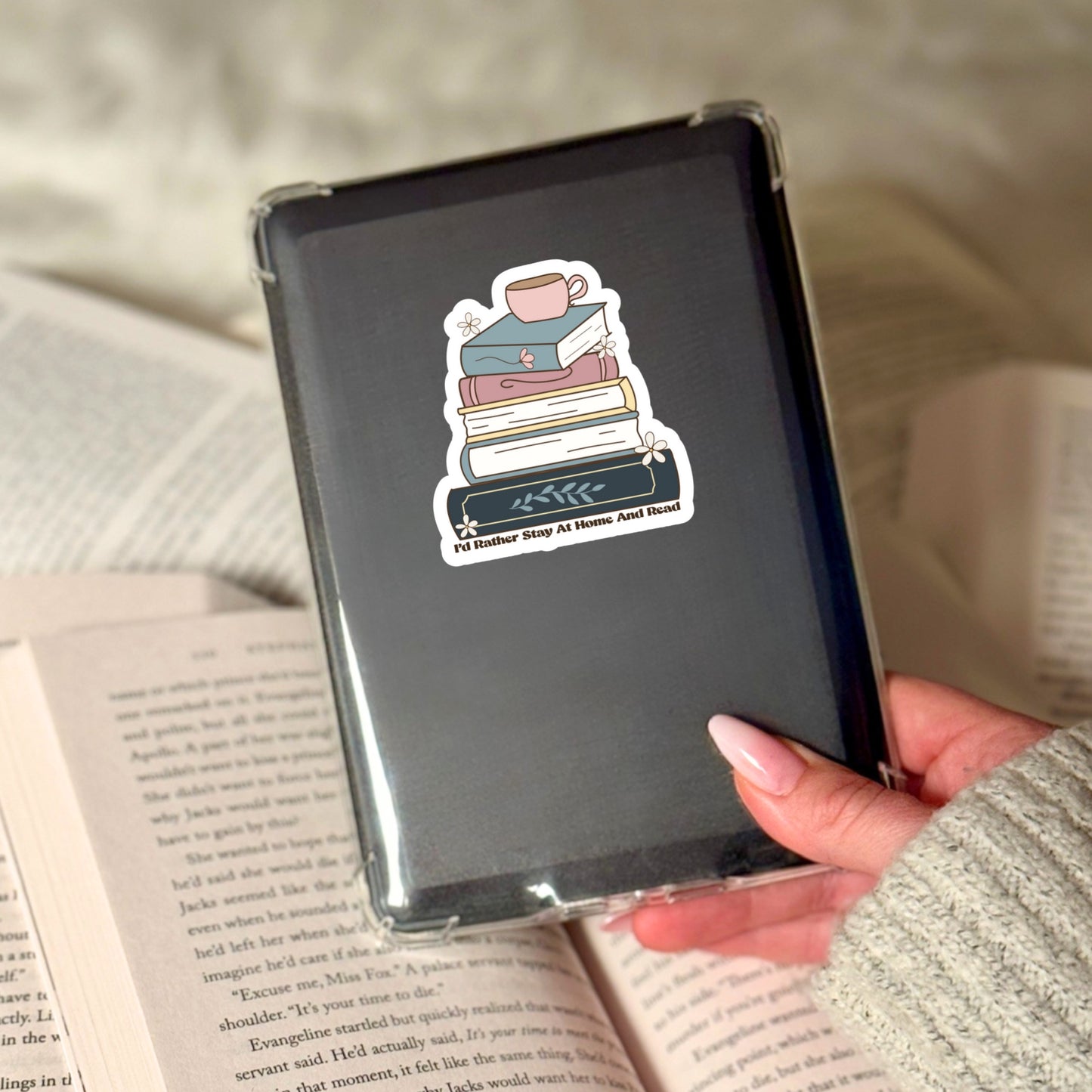 I'd Rather Stay Home and Read Book Stack Sticker – 3" Waterproof Bookish Sticker with Holo Overlay – Reading, Books, Reader Gift, Book Lover