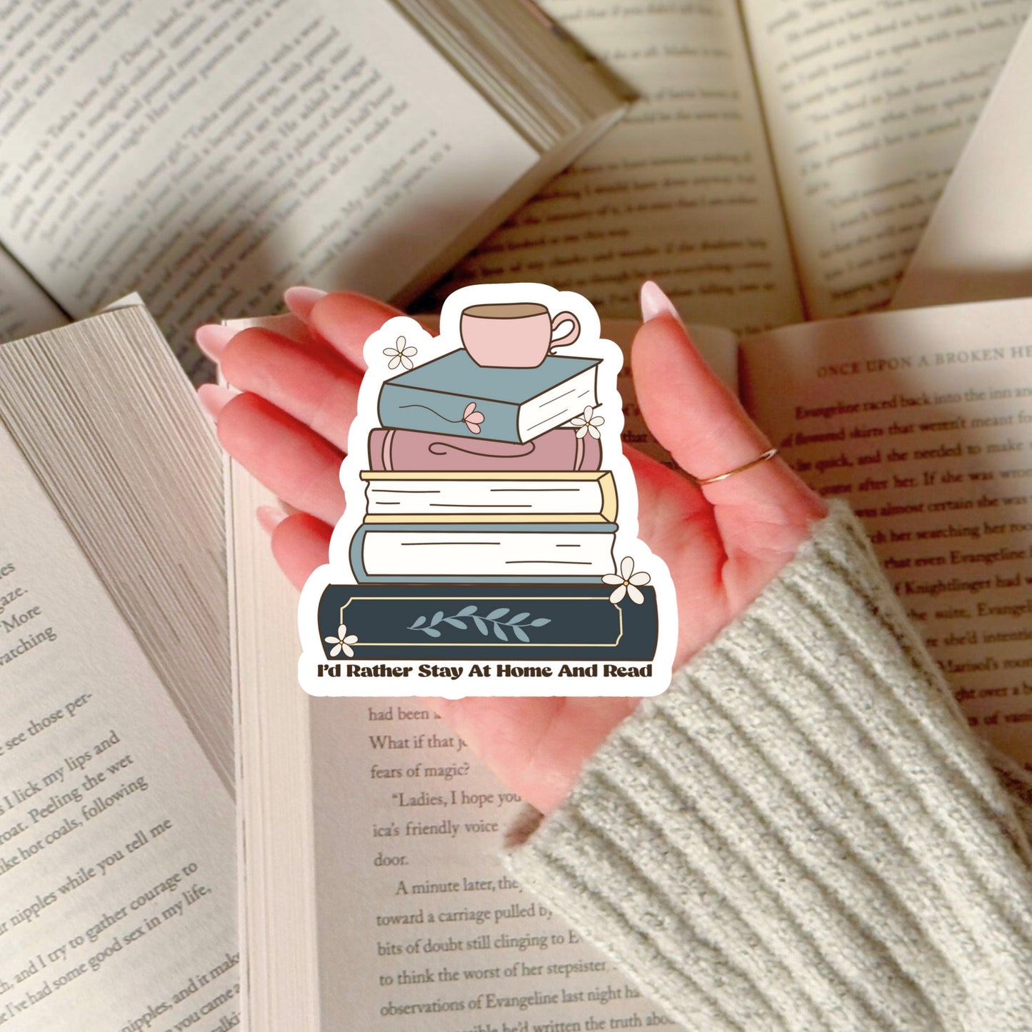 I'd Rather Stay Home and Read Book Stack Sticker – 3" Waterproof Bookish Sticker with Holo Overlay – Reading, Books, Reader Gift, Book Lover