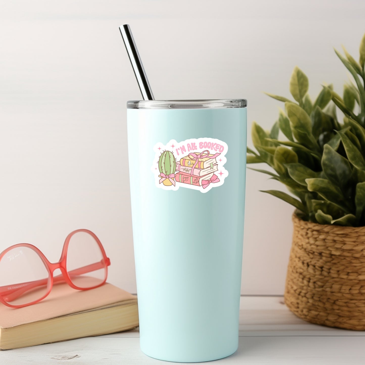 I'm All Booked Girly Pink Cactus Reading Sticker – 3" Waterproof Bookish Sticker with Holo Overlay – Reading, Books, Reader Gift, Book Lover