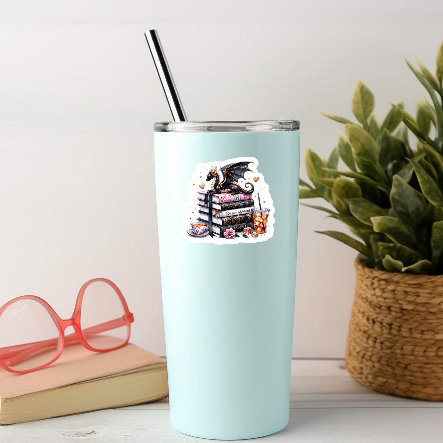 Tea and Dragons Romantasy Book Reader Sticker – 3" Waterproof Bookish Sticker with Holo Overlay – Reading, Books, Reader Gift, Book Lover, Bookstore Merch