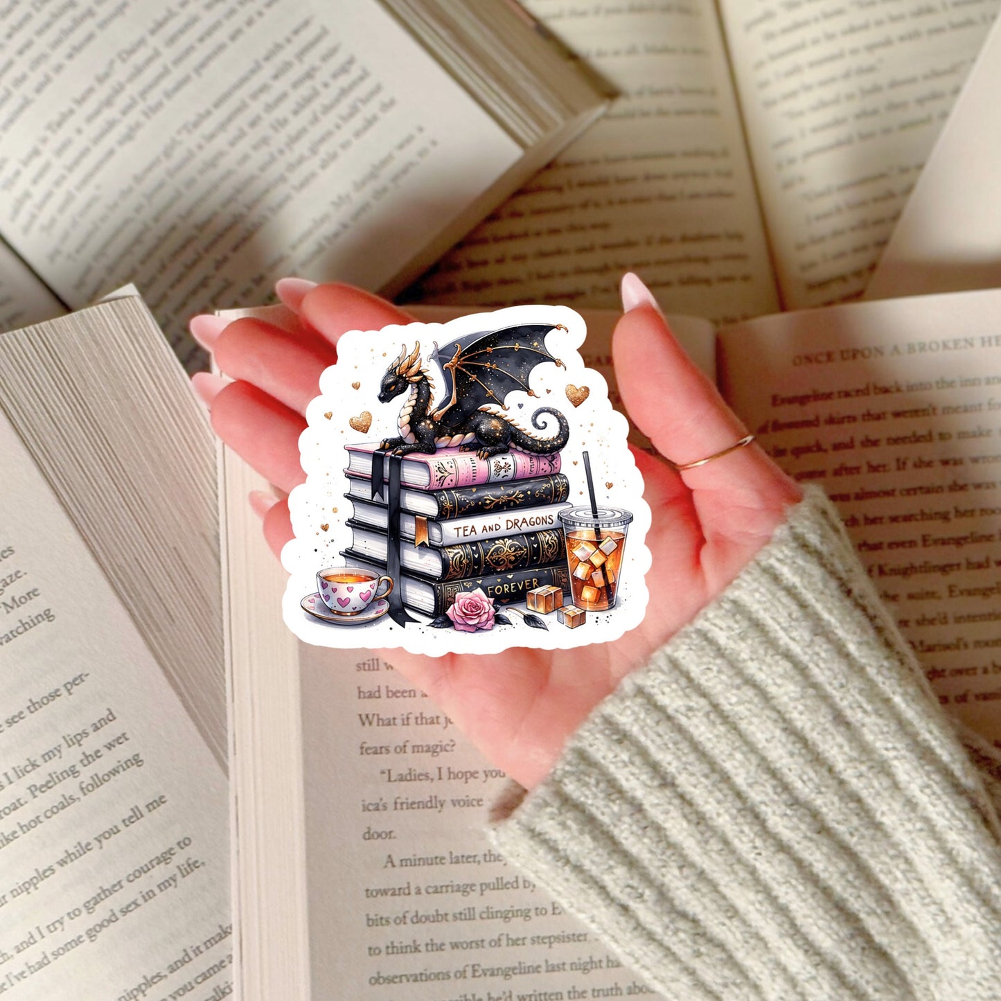 Tea and Dragons Romantasy Book Reader Sticker – 3" Waterproof Bookish Sticker with Holo Overlay – Reading, Books, Reader Gift, Book Lover, Bookstore Merch