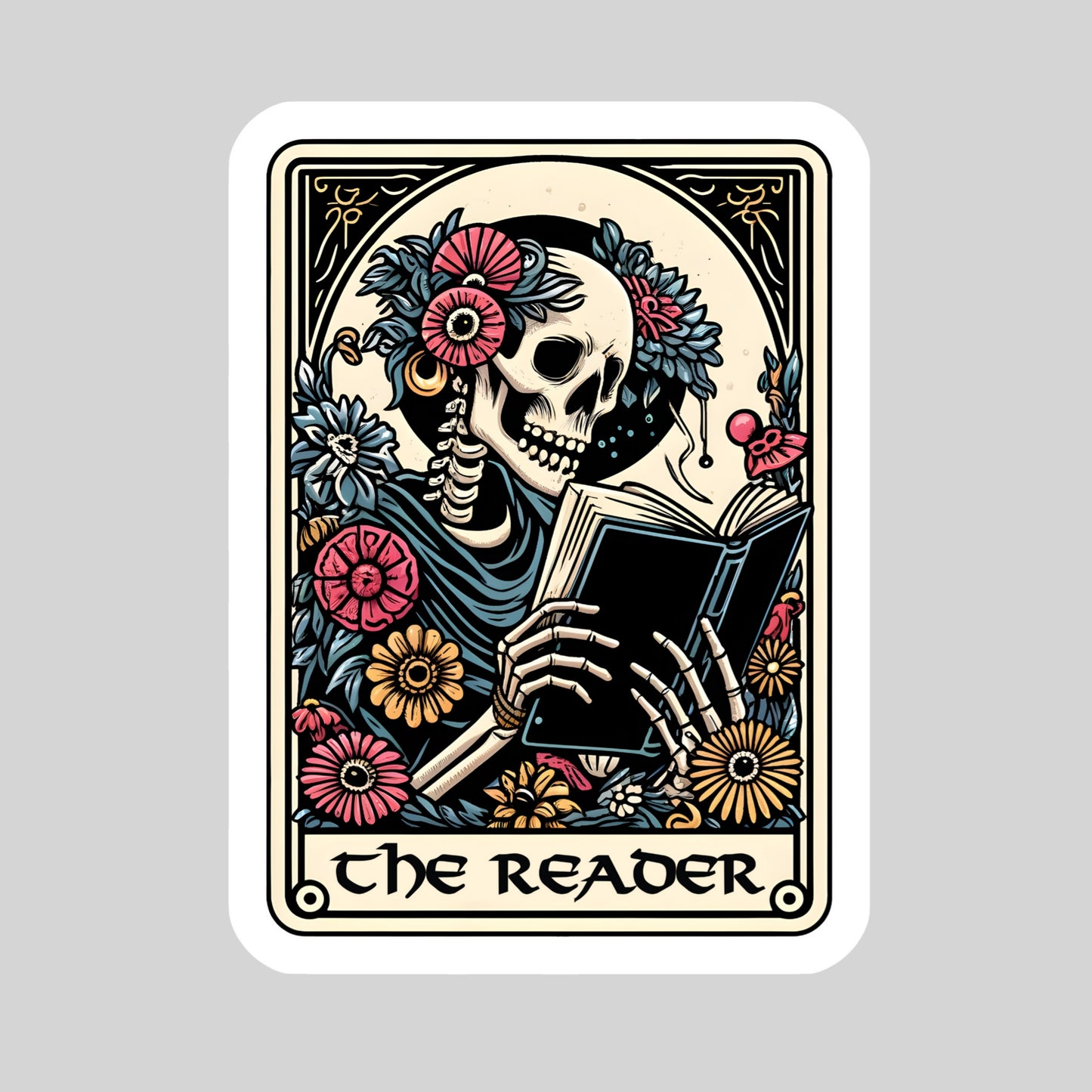 The Reader Skeleton Tarot Card Book Reader Sticker – 3" Waterproof Bookish Sticker with Holo Overlay – Reading, Books, Reader Gift, Book Lover, Bookstore Merch