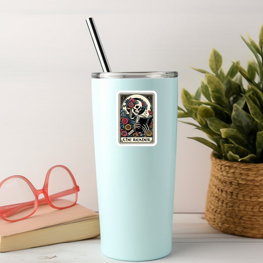 The Reader Skeleton Tarot Card Book Reader Sticker – 3" Waterproof Bookish Sticker with Holo Overlay – Reading, Books, Reader Gift, Book Lover, Bookstore Merch