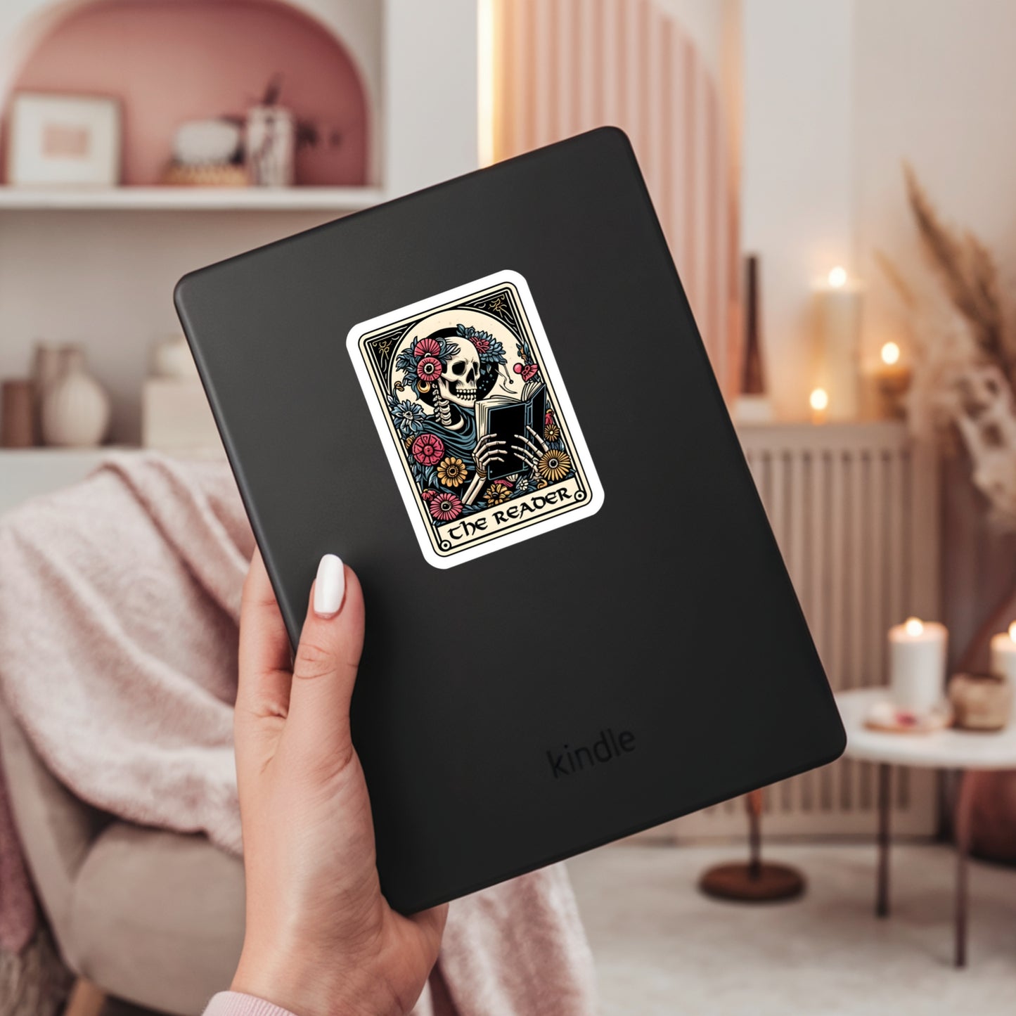 The Reader Skeleton Tarot Card Book Reader Sticker – 3" Waterproof Bookish Sticker with Holo Overlay – Reading, Books, Reader Gift, Book Lover, Bookstore Merch