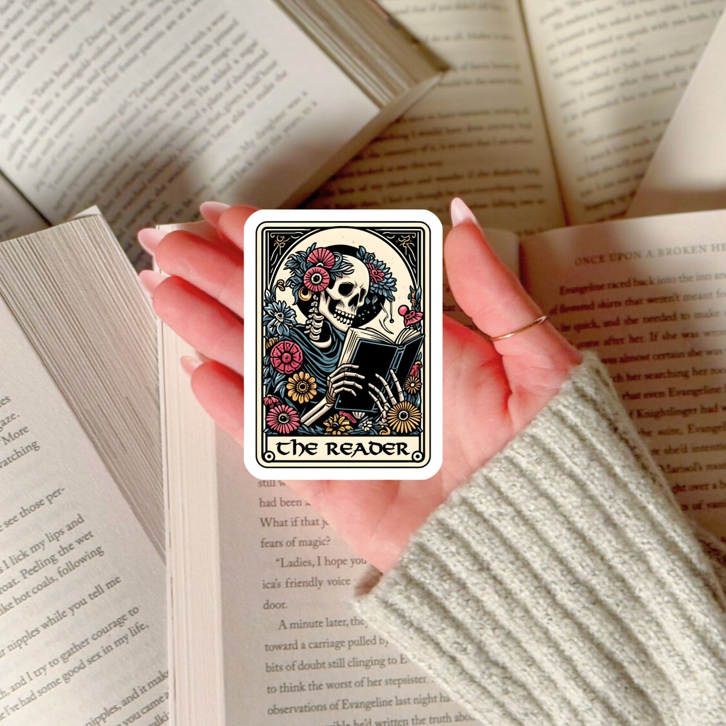 The Reader Skeleton Tarot Card Book Reader Sticker – 3" Waterproof Bookish Sticker with Holo Overlay – Reading, Books, Reader Gift, Book Lover, Bookstore Merch
