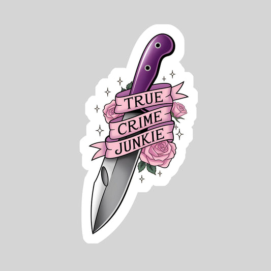 True Crime Junkie Book Reader Sticker – 3" Waterproof Bookish Sticker with Holo Overlay – Reading, Books, Reader Gift, Book Lover, Bookstore Merch