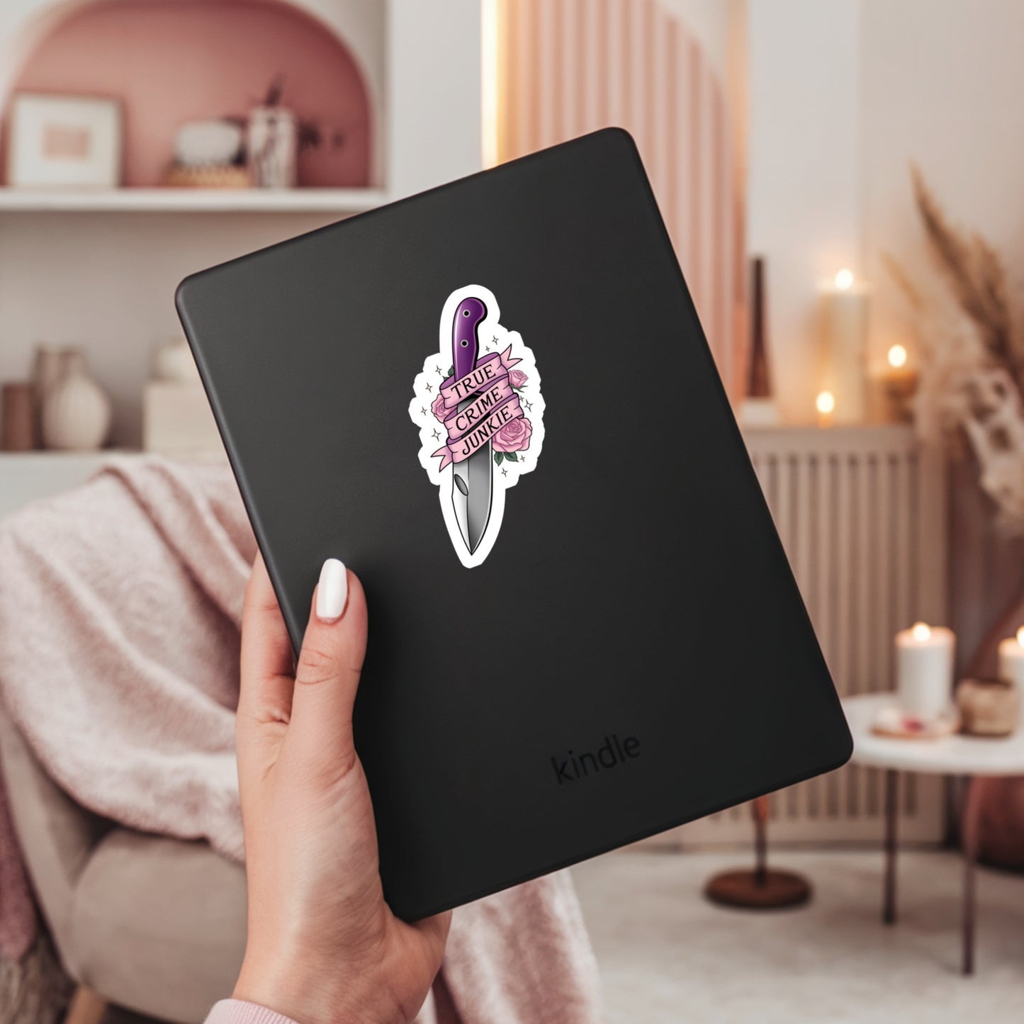 True Crime Junkie Book Reader Sticker – 3" Waterproof Bookish Sticker with Holo Overlay – Reading, Books, Reader Gift, Book Lover, Bookstore Merch