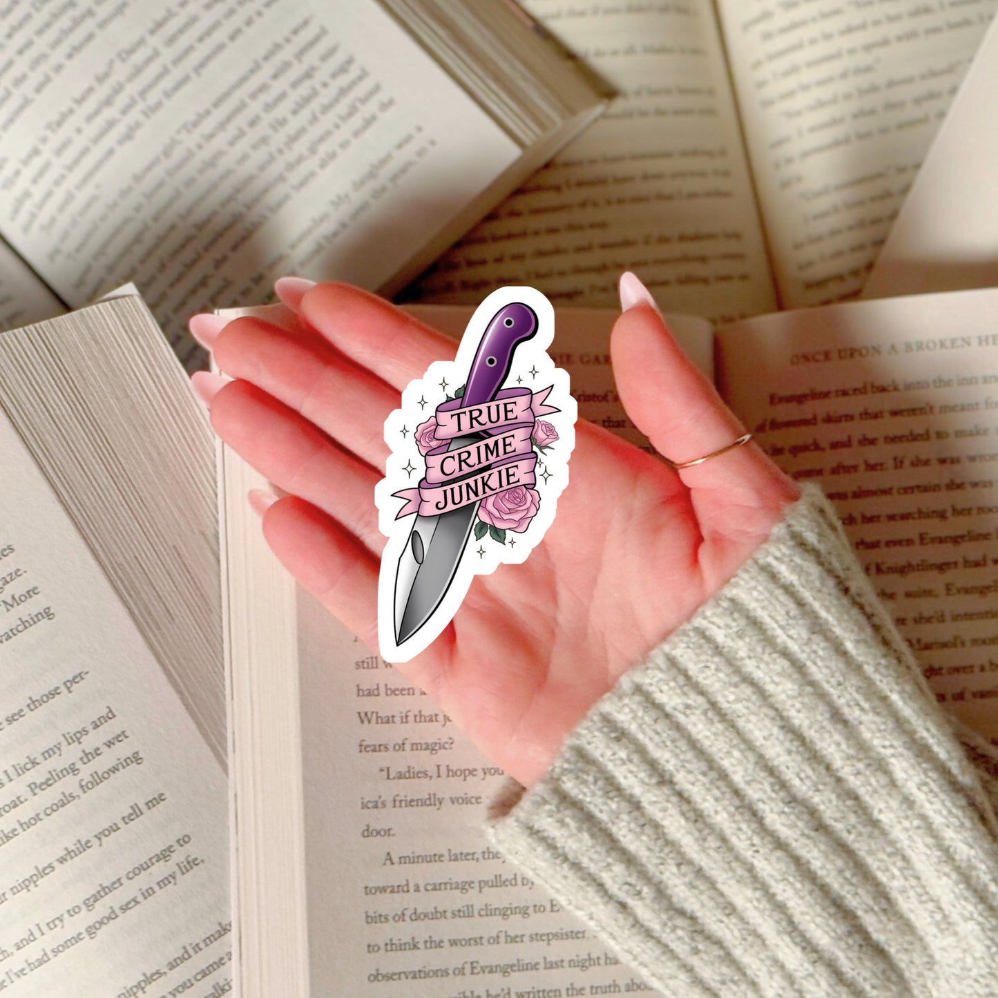 True Crime Junkie Book Reader Sticker – 3" Waterproof Bookish Sticker with Holo Overlay – Reading, Books, Reader Gift, Book Lover, Bookstore Merch