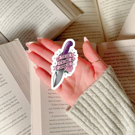 True Crime Junkie Book Reader Sticker – 3" Waterproof Bookish Sticker with Holo Overlay – Reading, Books, Reader Gift, Book Lover, Bookstore Merch