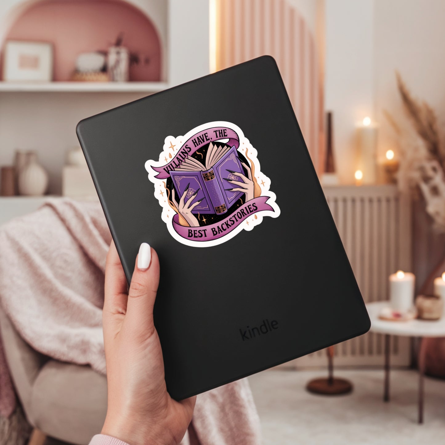 Villains Have the Best Backstories Book Reader Sticker – 3" Waterproof Bookish Sticker with Holo Overlay – Reading, Books, Reader Gift, Book Lover, Bookstore Merch