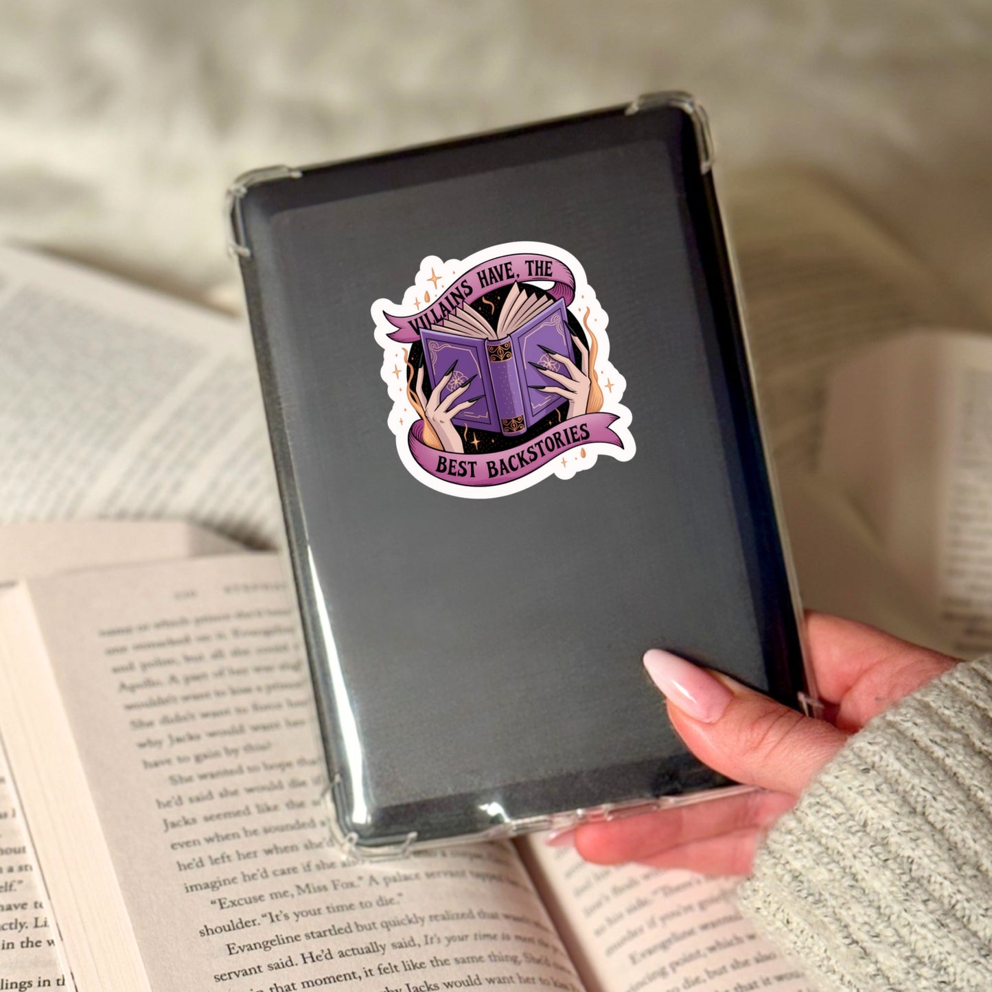 Villains Have the Best Backstories Book Reader Sticker – 3" Waterproof Bookish Sticker with Holo Overlay – Reading, Books, Reader Gift, Book Lover, Bookstore Merch