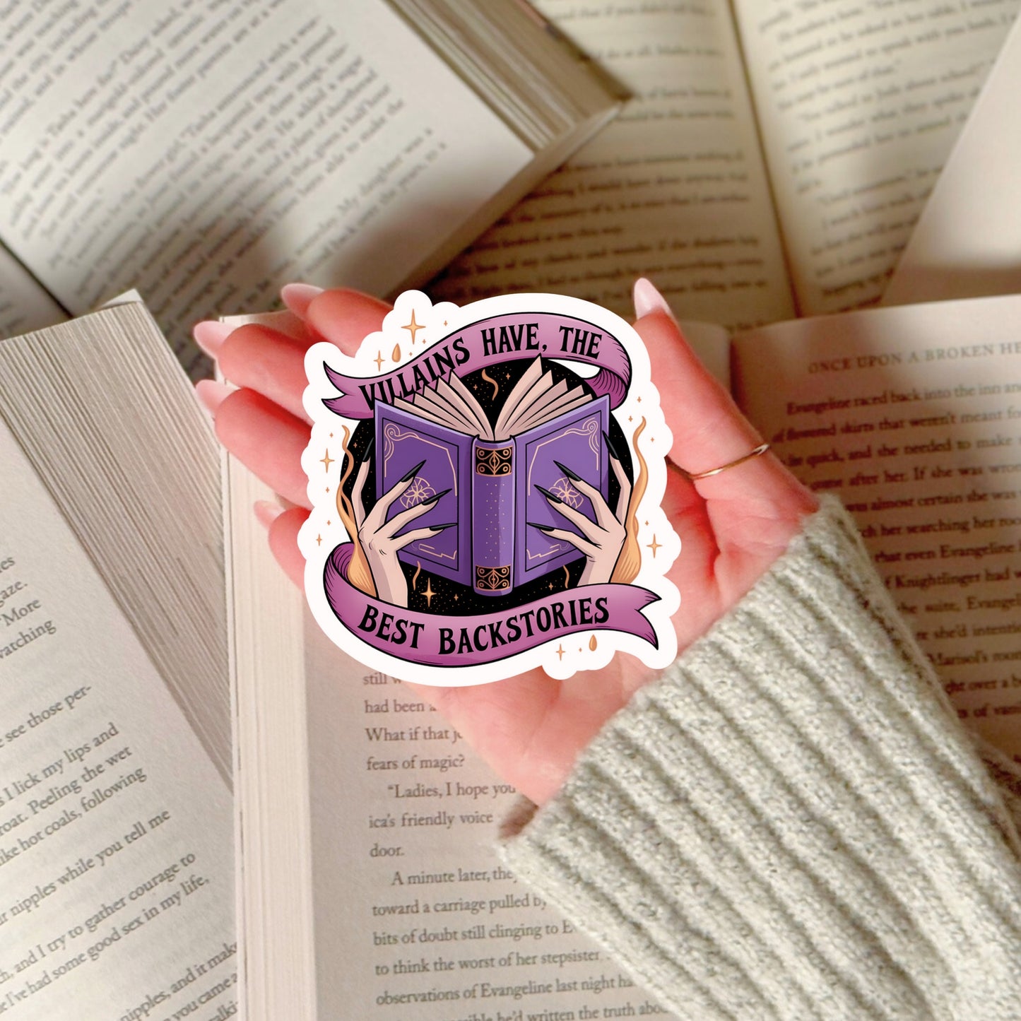 Villains Have the Best Backstories Book Reader Sticker – 3" Waterproof Bookish Sticker with Holo Overlay – Reading, Books, Reader Gift, Book Lover, Bookstore Merch