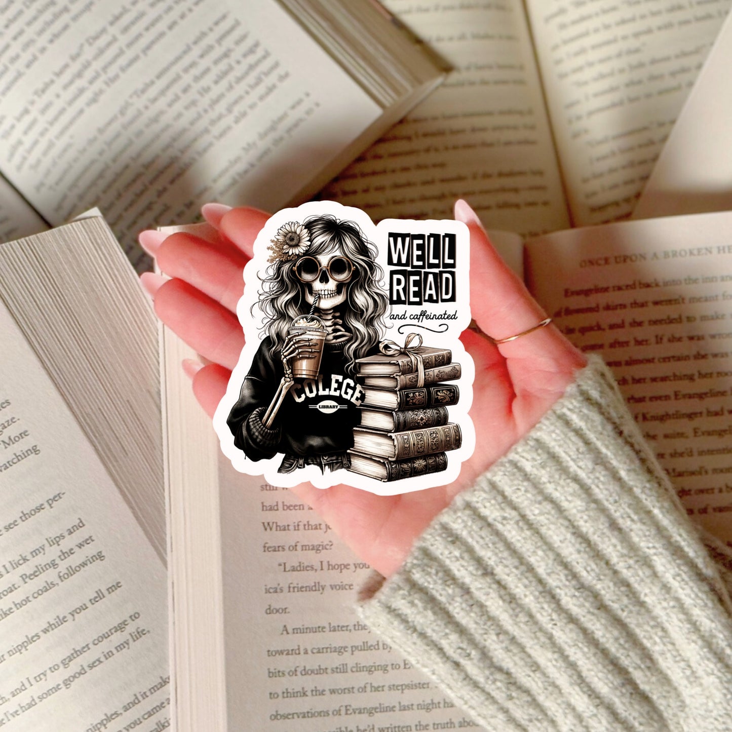 Well Read and Caffeinated Coffee Lover Book Reader Sticker – 3" Waterproof Bookish Sticker with Holo Overlay – Reading, Books, Reader Gift, Book Lover, Bookstore Merch