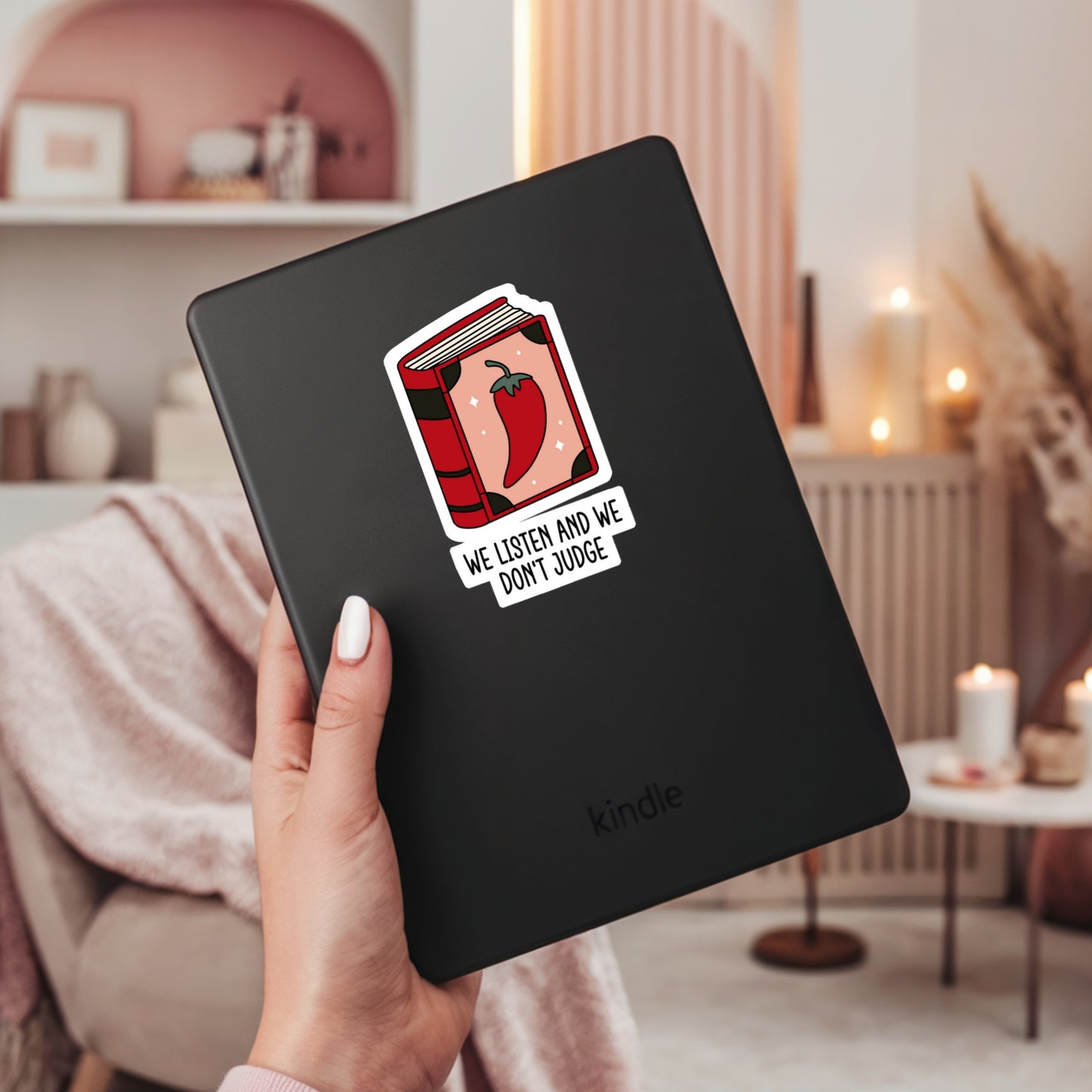 We Listen and We Don't Judge SMutty Book Reader Sticker – 3" Waterproof Bookish Sticker with Holo Overlay – Reading, Books, Reader Gift, Book Lover, Bookstore Merch