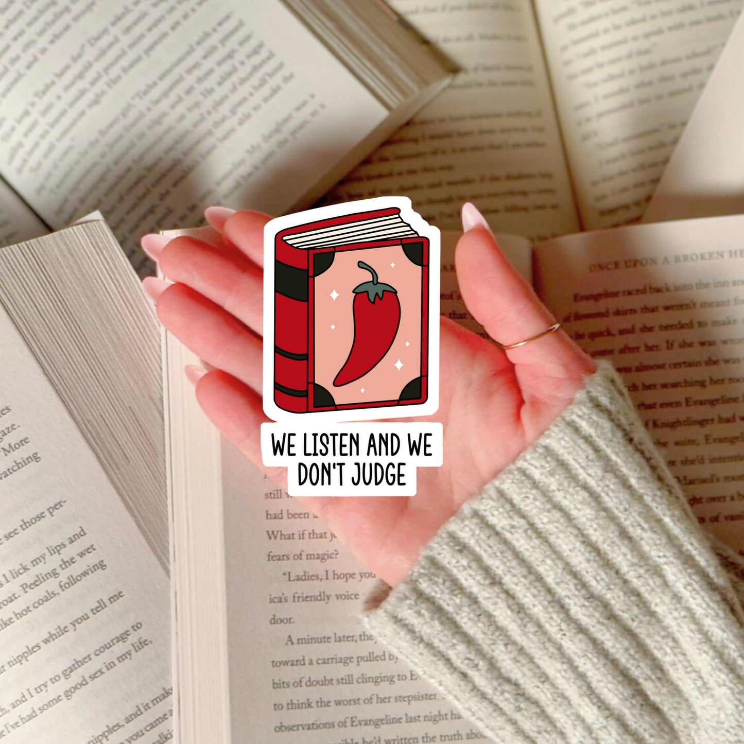 We Listen and We Don't Judge SMutty Book Reader Sticker – 3" Waterproof Bookish Sticker with Holo Overlay – Reading, Books, Reader Gift, Book Lover, Bookstore Merch