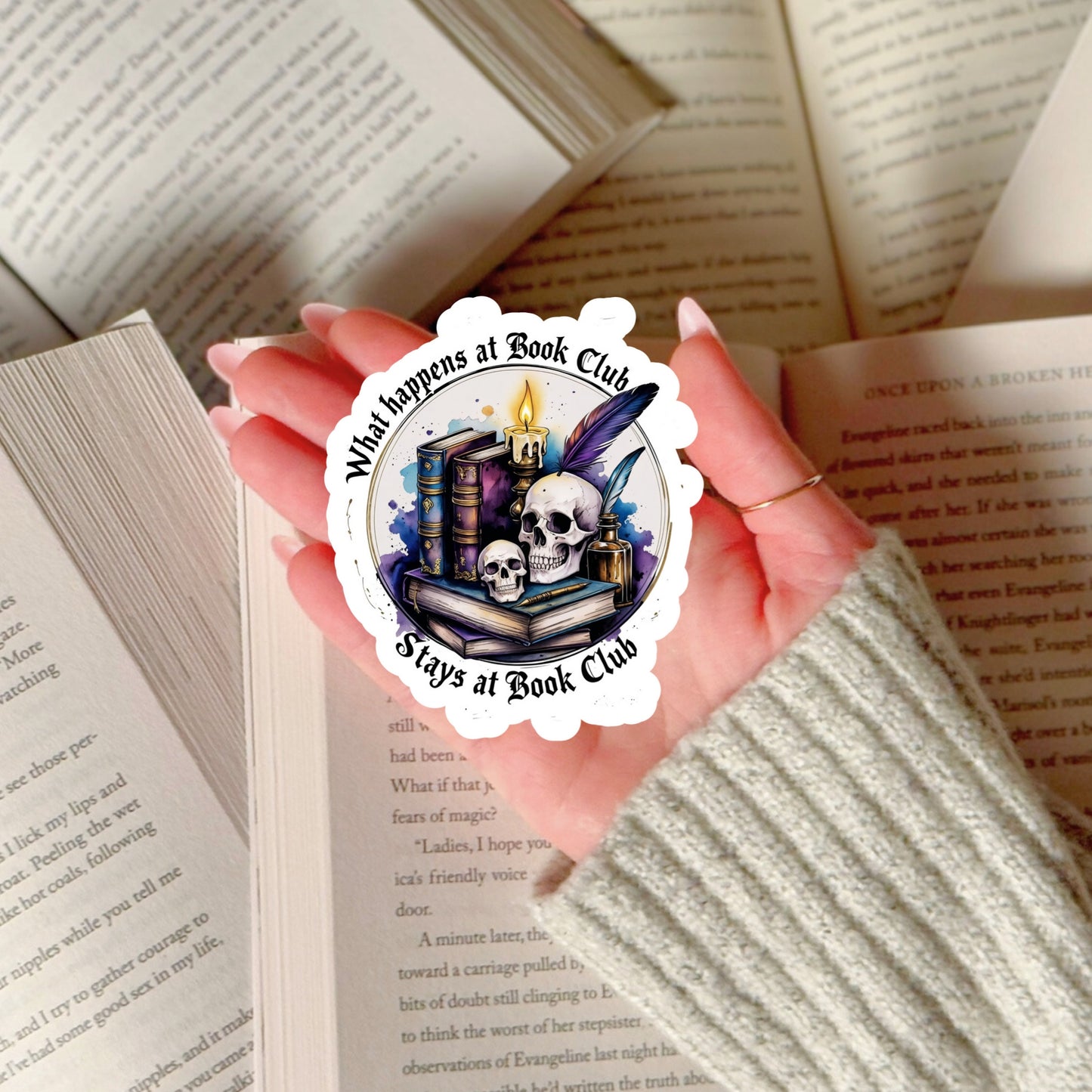 WHat Happens at Book Club Stays at Book Club Book Reader Sticker – 3" Waterproof Bookish Sticker with Holo Overlay – Reading, Books, Reader Gift, Book Lover, Bookstore Merch